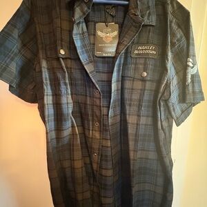 Harley-Davidson Black & Blue Short-Sleeve Plaid Button-Up Shirt Slim Fit